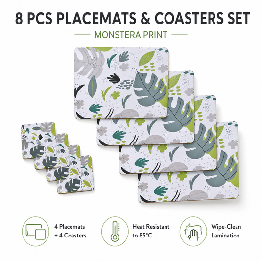 Clevinger 8pc Monstera MDF Placemats Coasters Heat Resistant 34cm — 1