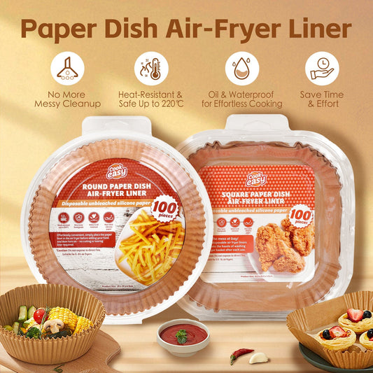 200 Pcs Disposable Unbleached Silicone Paper Dish Air-fryer Liner (100 large round + 100 large square)