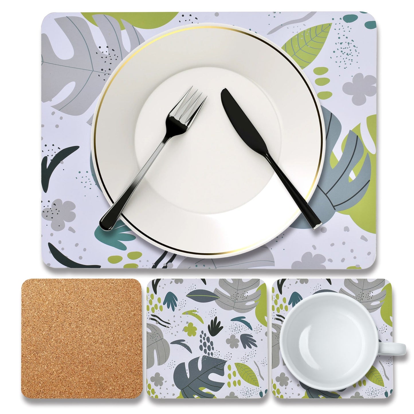 8 Pcs Clevinger MDF Placemats and Coasters Monstera