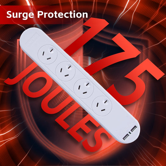 4 Outlet Powerboard With Surge Protection and Dual USB Charger