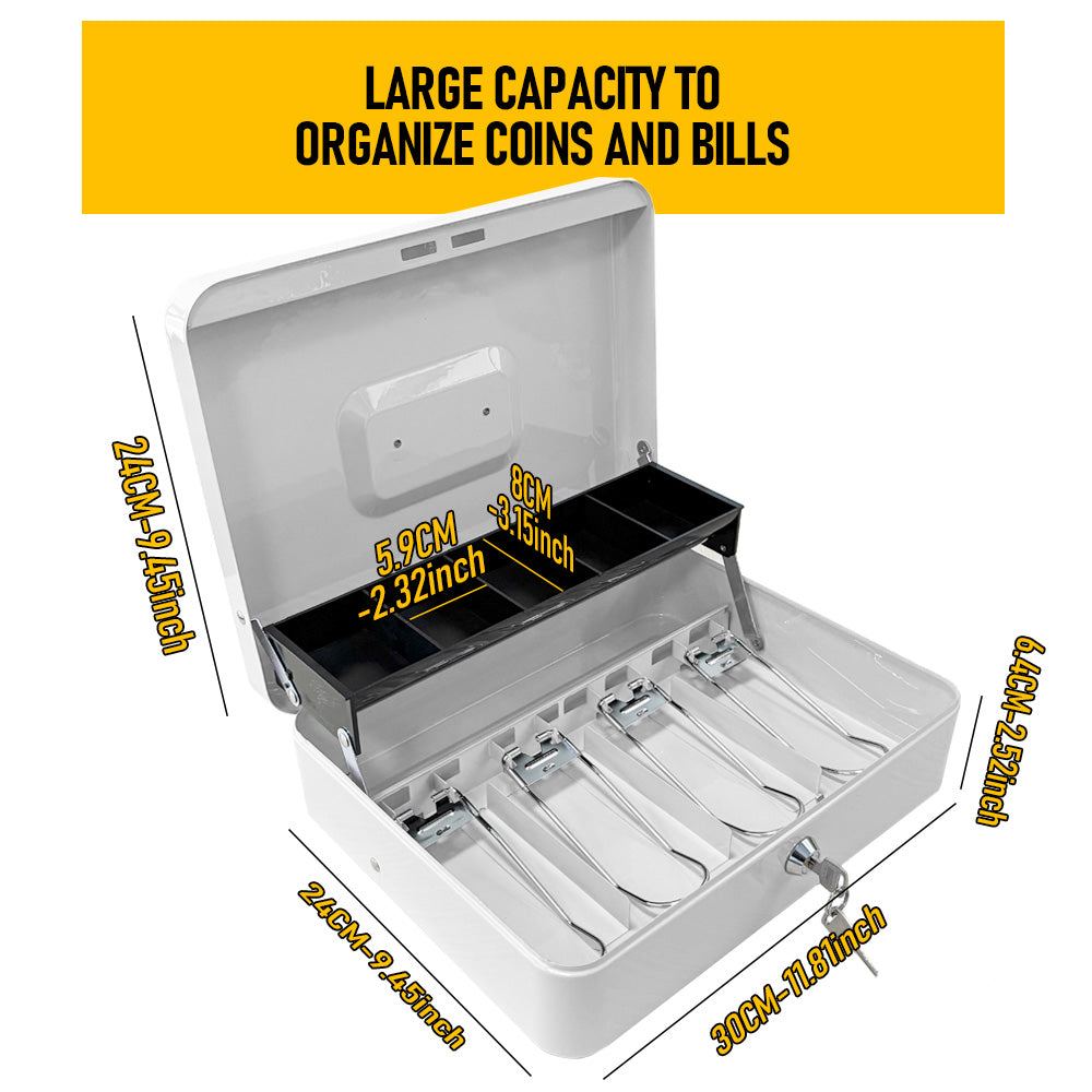 Metal Cash Box with Security Lock & 2 Keys - 4 Bill/5 Coin Tray Storage, Large Lockable Money Box for Small Business/Home