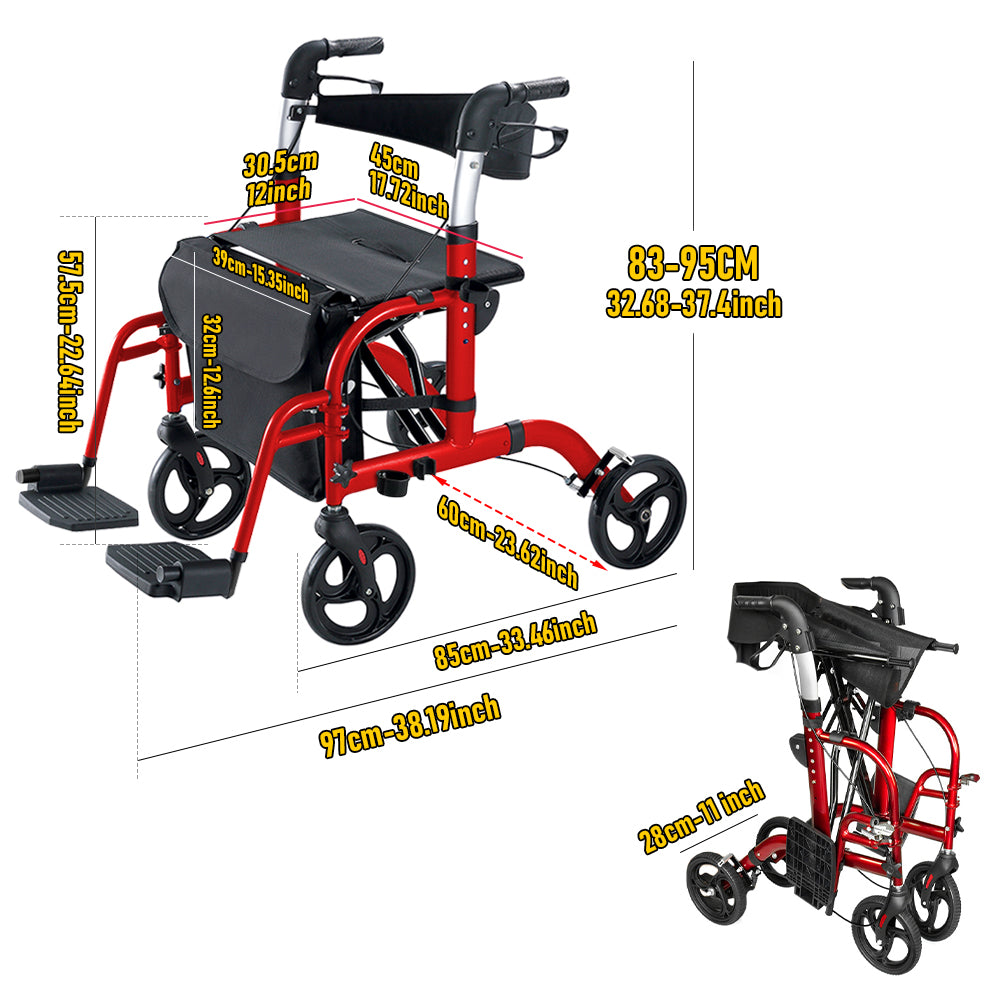 2-in-1 Rollator Walker with Seat & Transport Chair for Seniors, Lightweight Foldable Aluminum Mobility Walker, Adjustable Handles, 8" All-Terrain Wheels, Removable Storage Bag, 300 lb Capacity