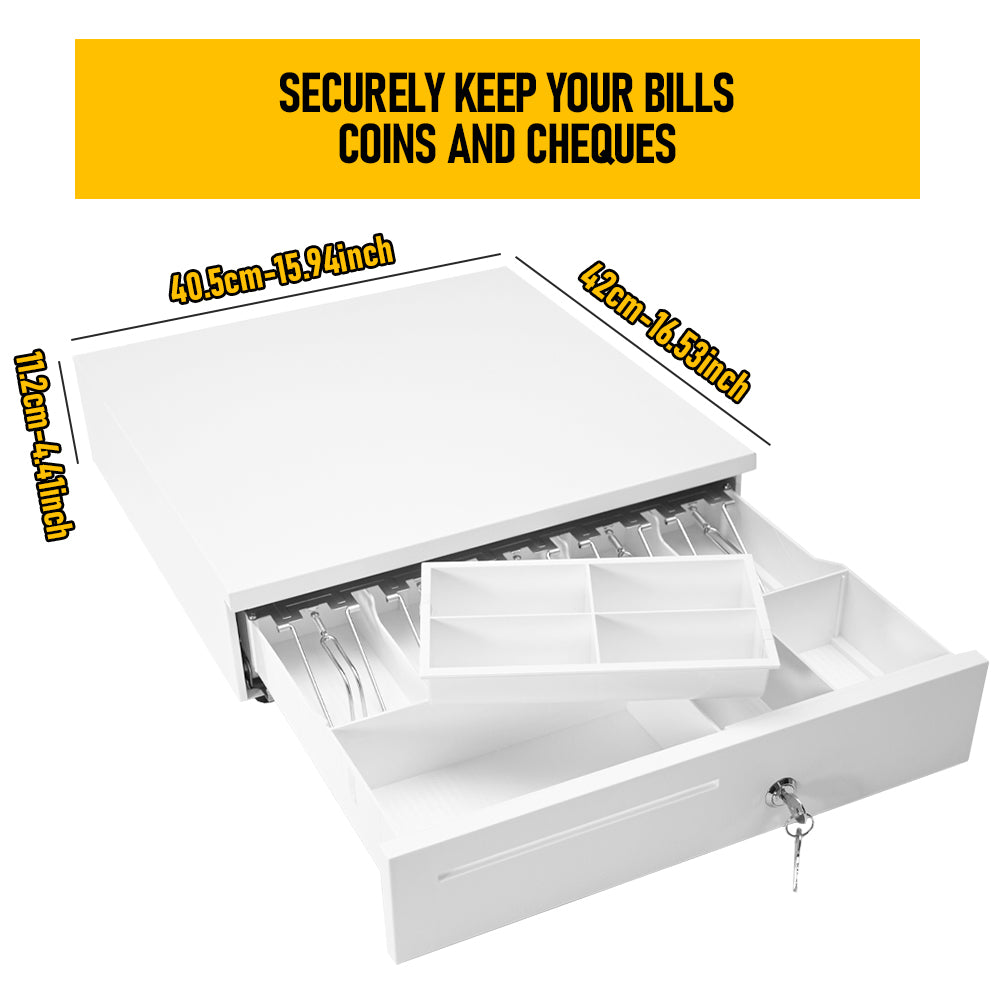 Heavy-Duty All-Metal Cash Drawer | 6 Coin Trays & 5 Note Trays | RJ-12 Interface | For Retail, Restaurant, Bar & Café