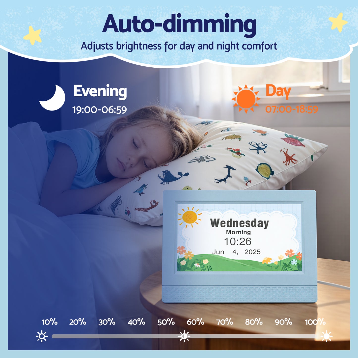 Artiss 7" Digital Day Clock Calendar Alarm LCD Children Sleep Trainer Clocks Blue