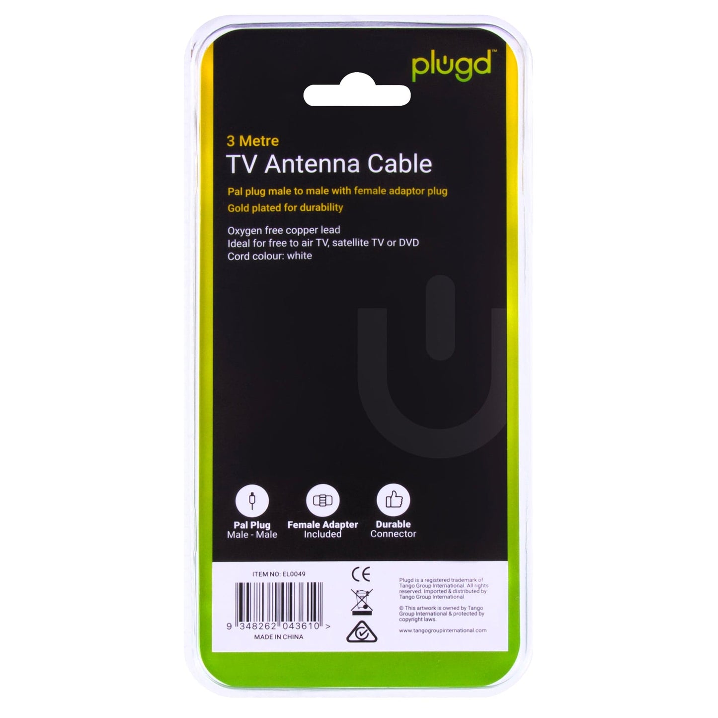 PLUGD 3 Meter PAL to PAL TV Antenna Cable With Female Adaptor