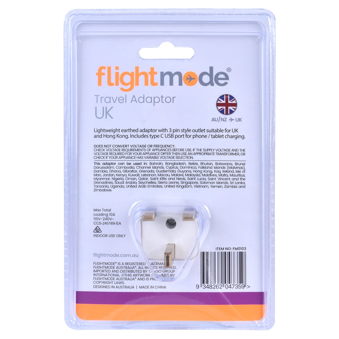 Flightmode Outbound AU/NZ to UK/HONG KONG Travel Adaptor with USB Type C & A