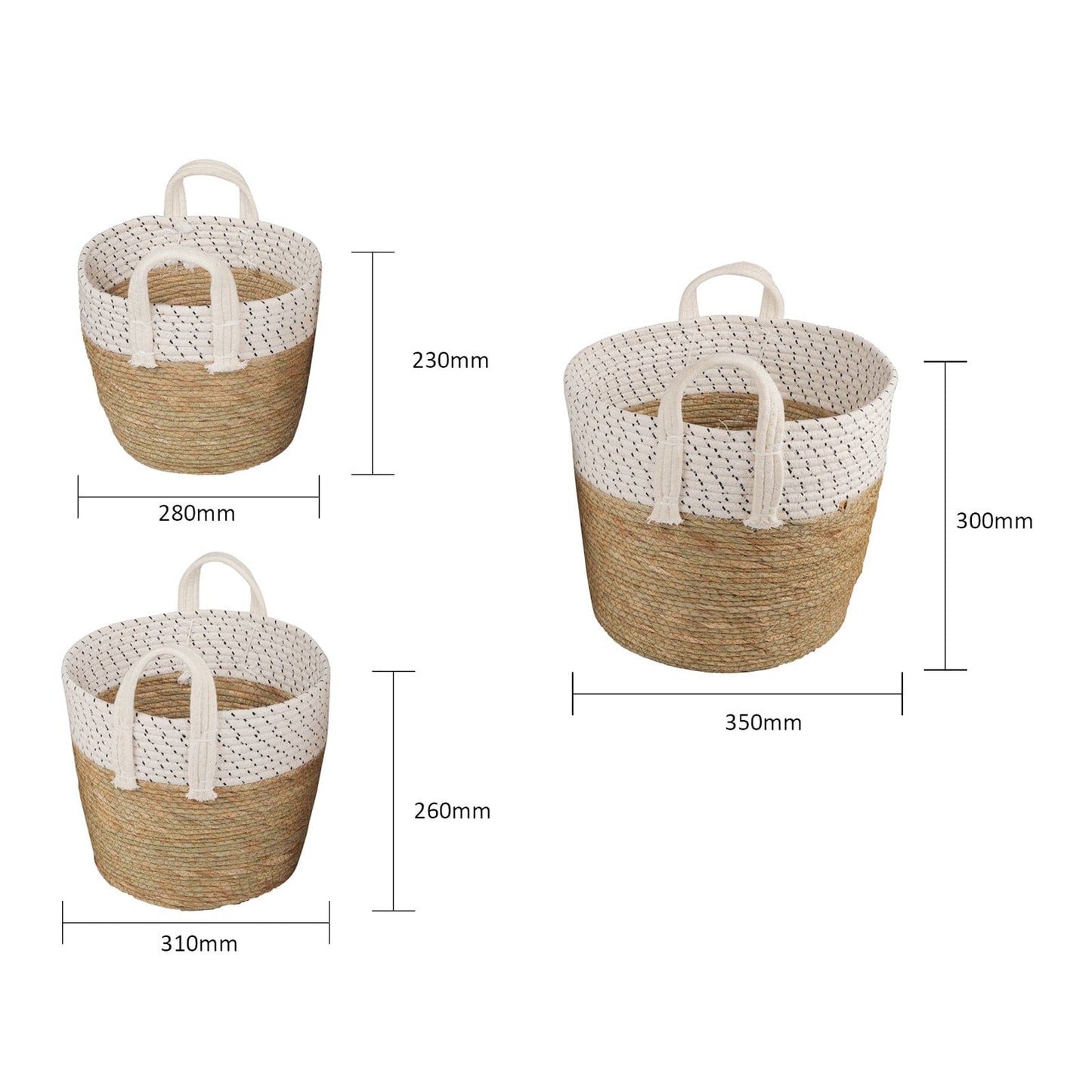 3 Pcs Cotton Rope Stripe Carry Handles Storage Baskets Set