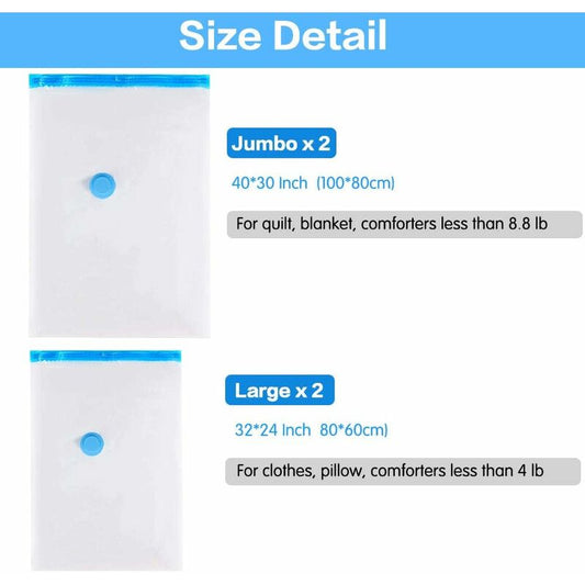 4 Pack Vacuum Storage Bags (2 Jumbo 100X80Cm, 2 Large 80X60Cm), Waterproof Bag For Duvets, Pillows, Clothes With Travel