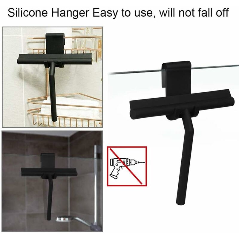 27Cm Silicone Shower Squeegee - For Glass Shower Door And Wall - With Hanging Hook - Black