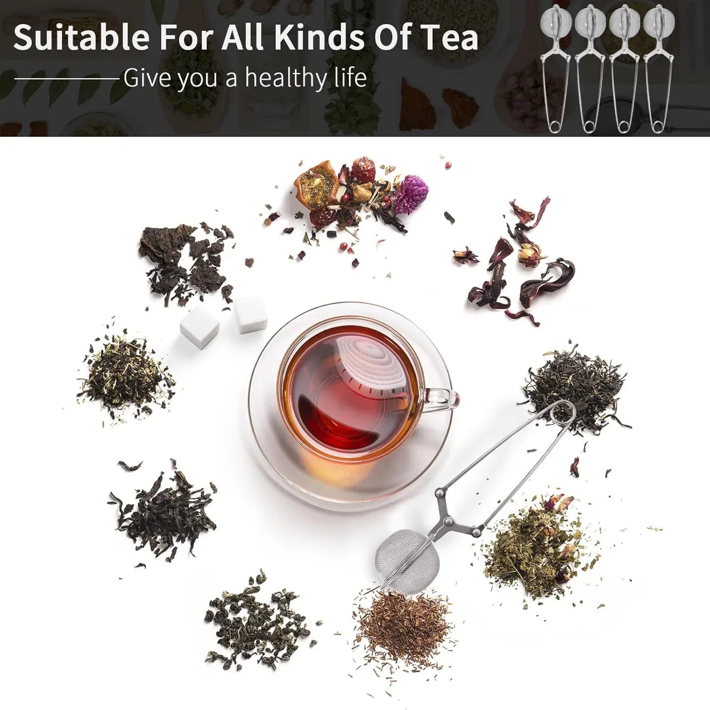 4 Pack 304 Stainless Steel Tea Strainers, Fine Mesh Ball Infusers with Squeeze Handle