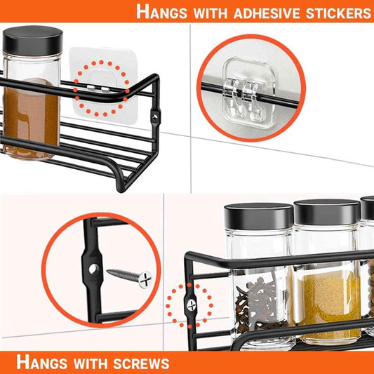 Four-Tier Metal Wall-Mounted Spice Rack - Suitable for Kitchens and Cabinet Interiors - Neatly Organizes Spice Jars and Spices (Black)