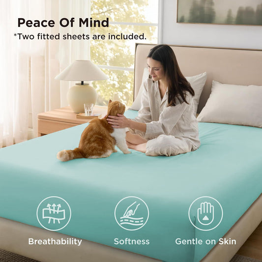 2000TC Hotel Quality Fitted Sheets - 2 Piece Fitted Sheets -Breathable Bedding - Wrinkle, Fade, Stain Resistant- 16inch/40cm Deep Pocket Fitted Bed Sheets-Wrinkle and Fade Resistant,(Ice blue,Queen)
