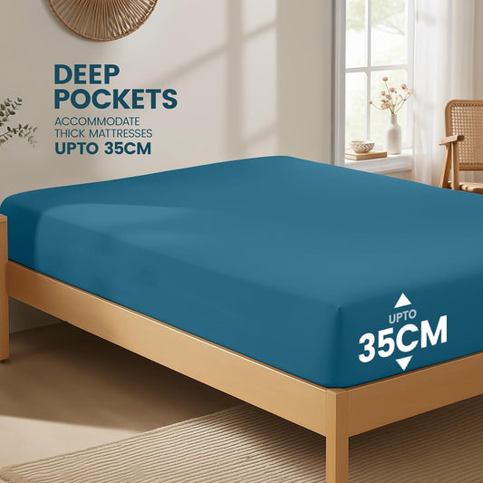 Hotel Quality Fitted Sheet - 1 Piece Fitted Sheet -Breathable Bedding - Wrinkle, Fade, Stain Resistant- 16inch/40cm Deep Pocket Fitted Bed Sheet-Wrinkle and Fade Resistant,(Biscay blue,King)