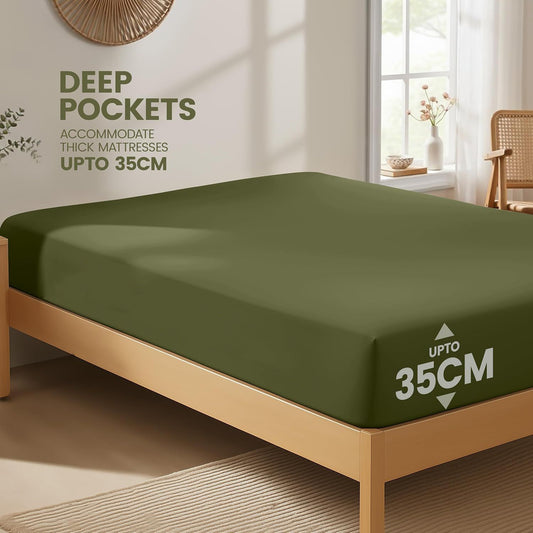 Hotel Quality Fitted Sheet - 1 Piece Fitted Sheet -Breathable Bedding - Wrinkle, Fade, Stain Resistant- 16inch/40cm Deep Pocket Fitted Bed Sheet-Wrinkle and Fade Resistant,(Olive green,King Single)