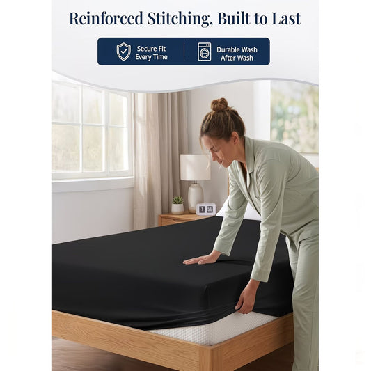 Hotel Quality Fitted Sheet - 1 Piece Fitted Sheet -Breathable Bedding - Wrinkle, Fade, Stain Resistant- 16inch/40cm Deep Pocket Fitted Bed Sheet-Wrinkle and Fade Resistant,(Black,Single)