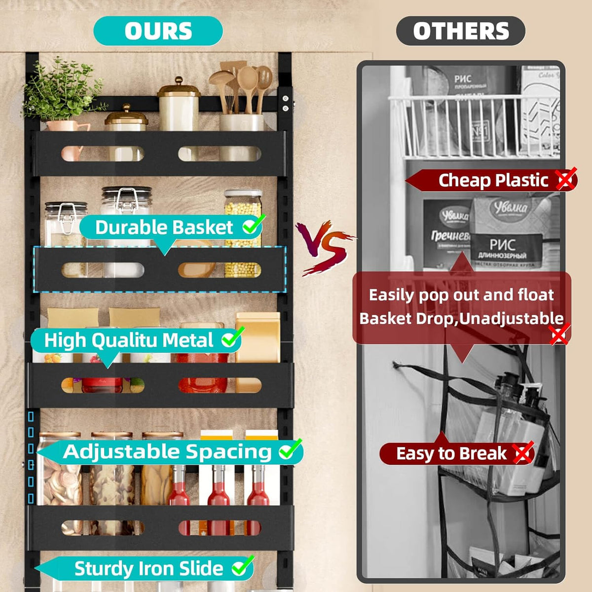 6 Tier Over Door Storage Organizer with Adjustable Shelves, Metal Hanging Rack for Kitchen & Bathroom(18×42×134cm)