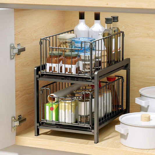 CARLA HOME 2 Tier Sliding Cabinet Organizer Drawer Storage Rack for Kitchen or Bathroom