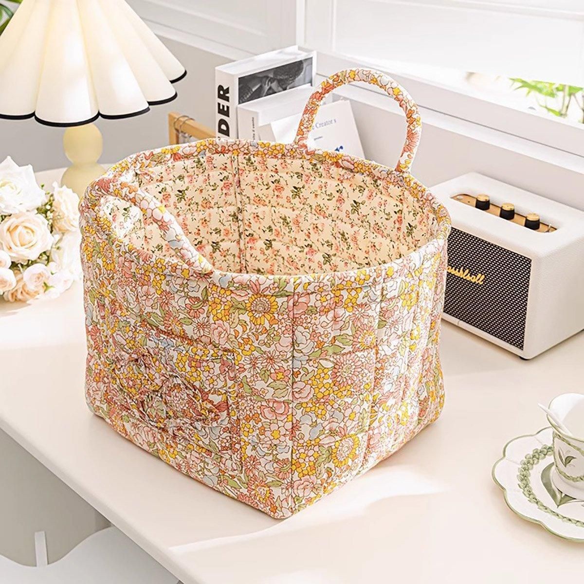 Portable Fabric Storage Basket Korean Pastoral Style Organizer for Home Sundries - Floral6