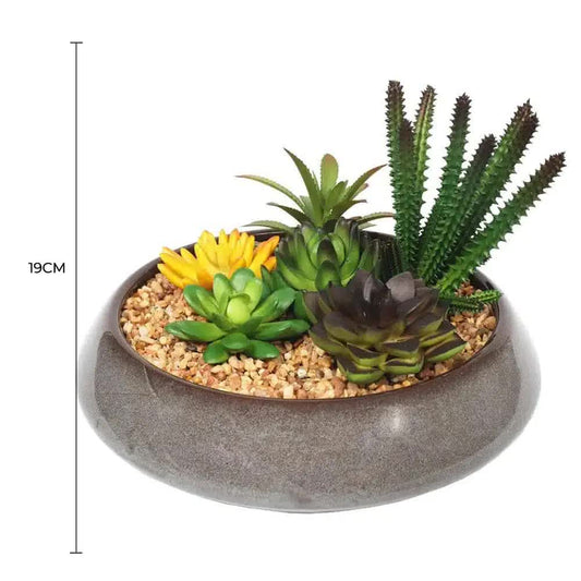 Potted Artificial Succulents with Round Decorative Bowl 19cm