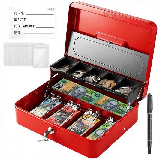 Metal Cash Box with Security Lock & 2 Keys, 4 Bill & 5 Coin Tray with Coin Retainer Cover, Large Lockable Money Box for Small Business, Office, Home, Fundraising & Events