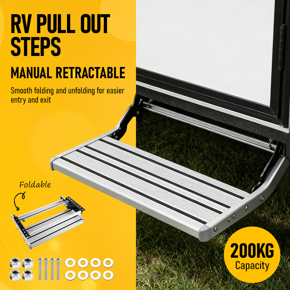 Heavy Duty Aluminium Caravan Step Stool, Supports Up to 200kg, Foldable RV Entry Step with Anti-Slip Surface, Portable Step for Caravan, Motorhome, Camper Trailer & Camping, Silver