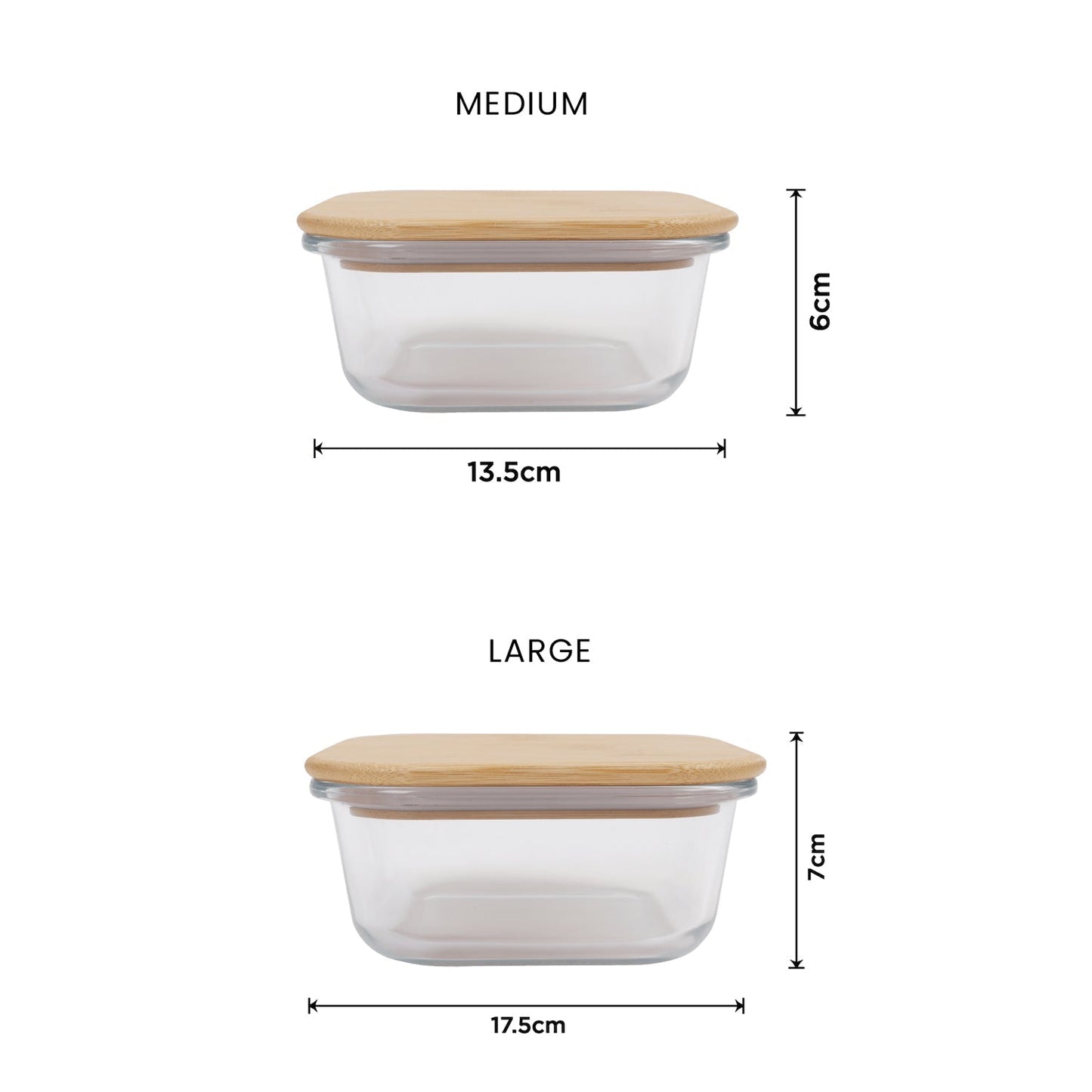 2 Pcs Bamboo‑Cover Food Containers – Medium & Large, Clear Glass, Plastic‑Free