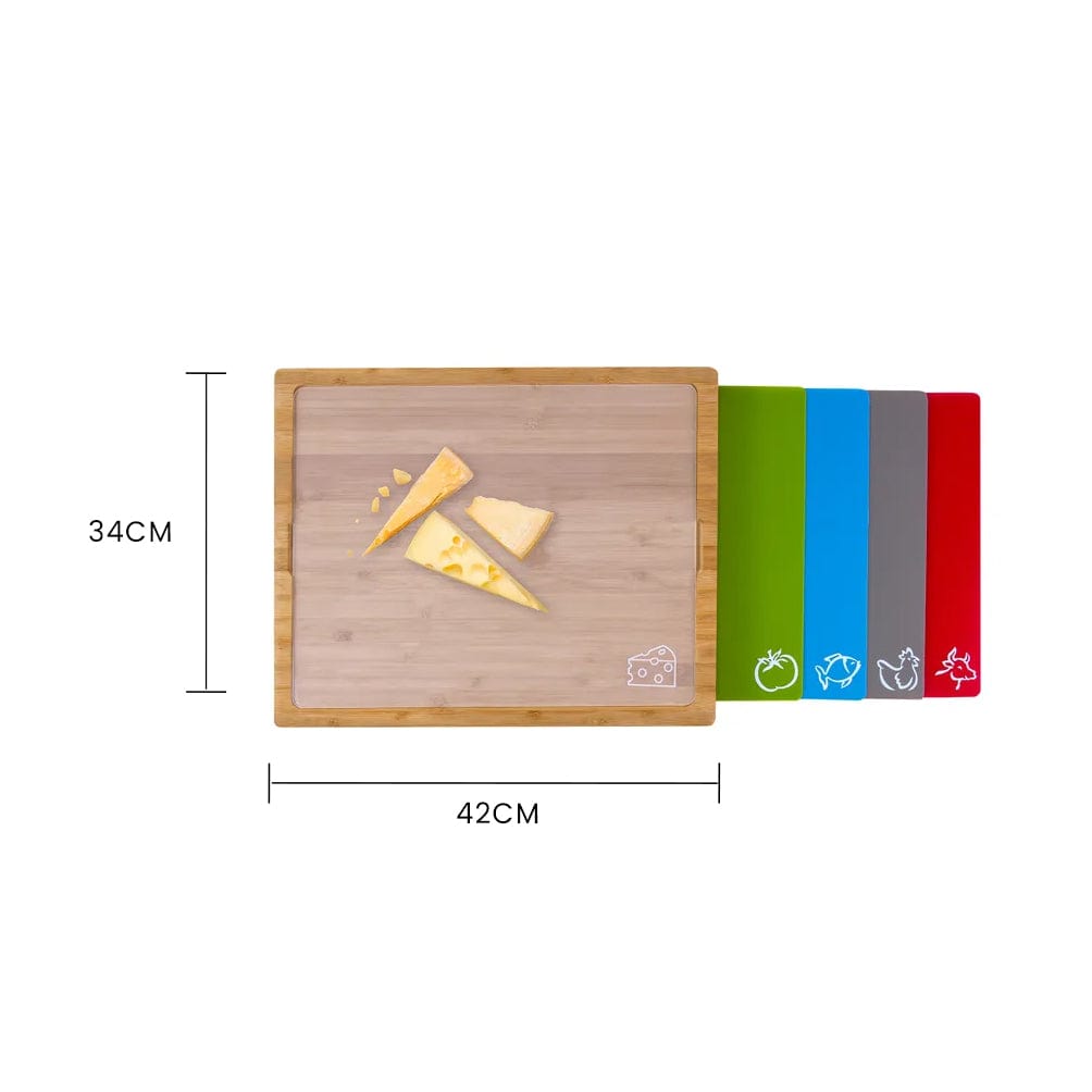 Bamboo Chopping Board with 5 Pcs Color-Coded Flexible Cutting Mats