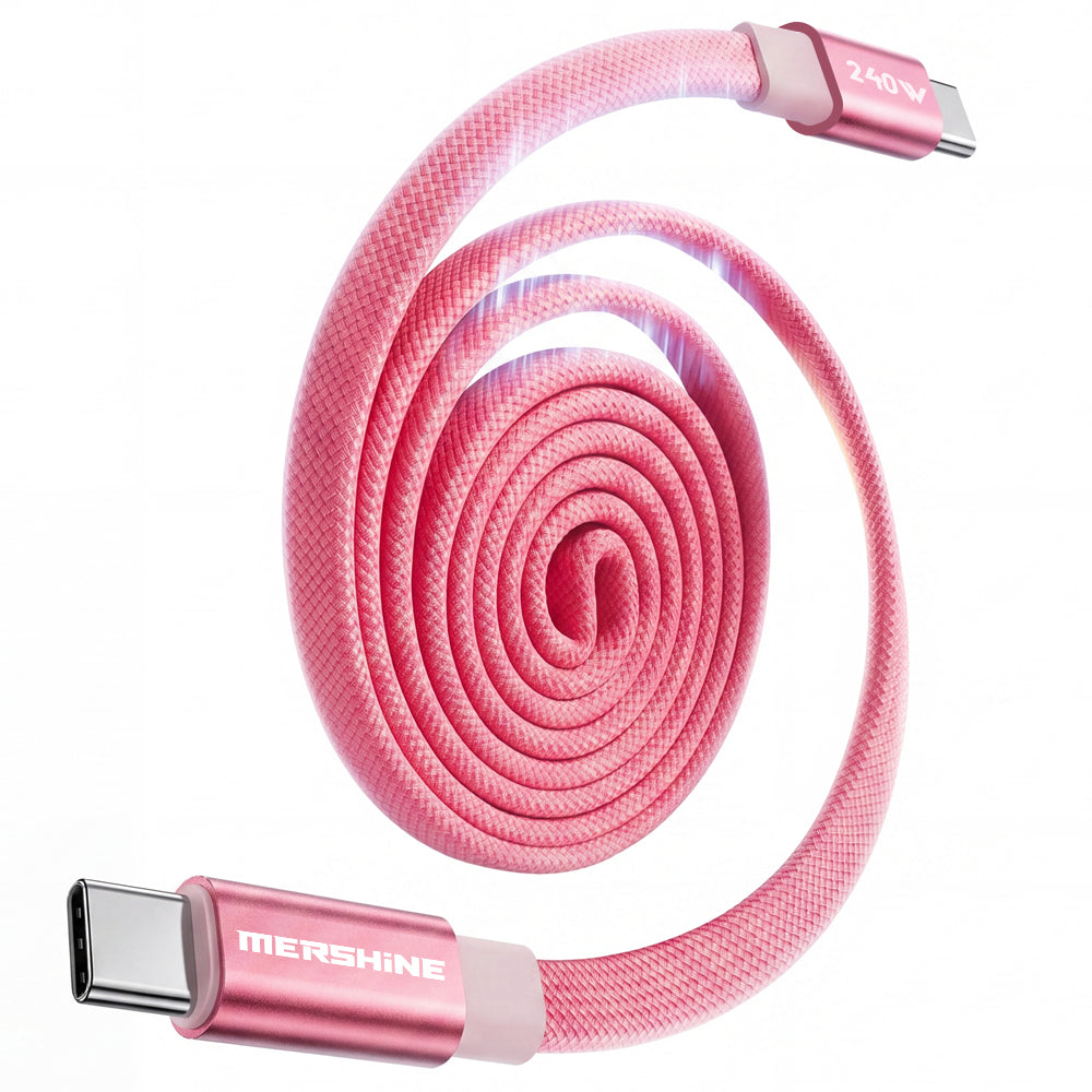 Mershine 240W Magnetic Coiled USB-C to C Charging Cable, Braided Retractable 1M Cord, 480Mbps Data Sync, Tangle-Free, Supports CarPlay & Android Auto, Durable Compatibility for iPhone 15/16/17/18, iPad, Android & Laptops with E-Marker Chip