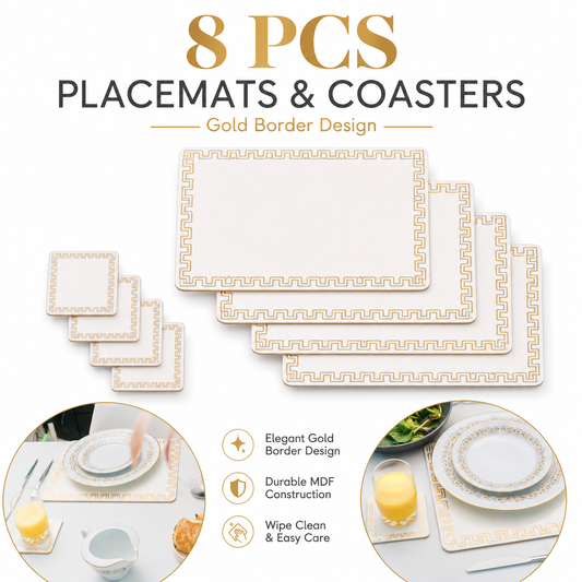 8pc MDF Placemats Coasters Set Gold Border Heat Resistant 34x26.5cm — 1