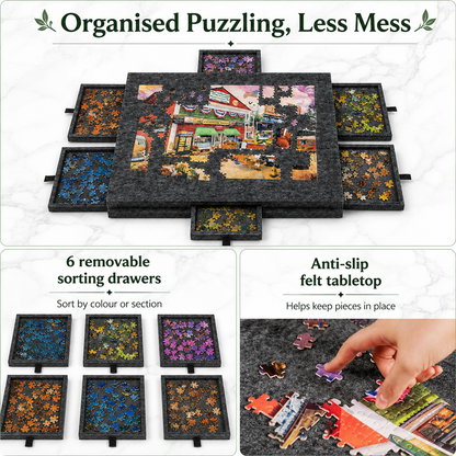 360° Rotating Jigsaw Puzzle Table, 2-in-1 Puzzle Board with Cover & Stand, 6 Drawers, Portable Felt Puzzle Tray for Up to 1000 Pieces