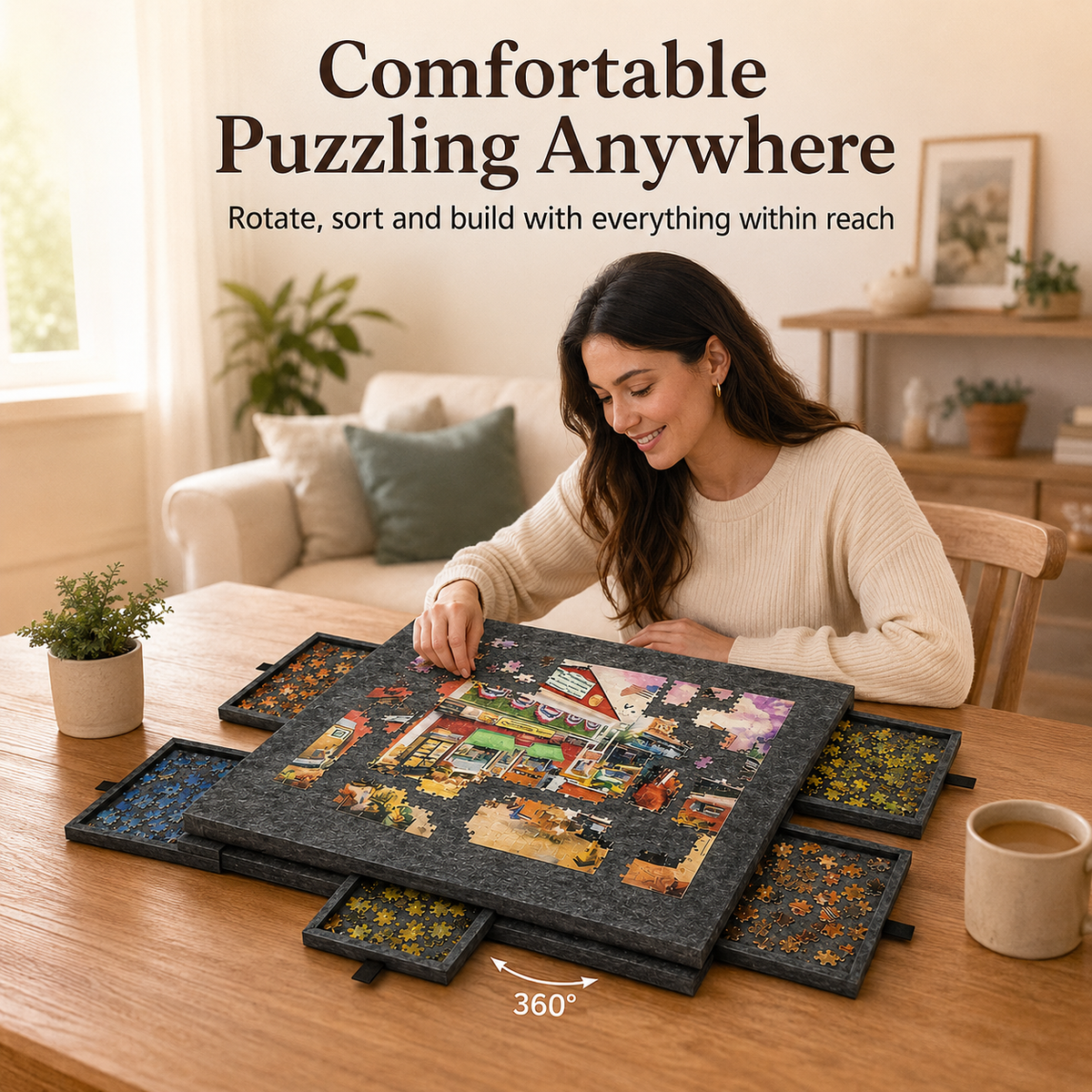360° Rotating Jigsaw Puzzle Table, 2-in-1 Puzzle Board with Cover & Stand, 6 Drawers, Portable Felt Puzzle Tray for Up to 1000 Pieces