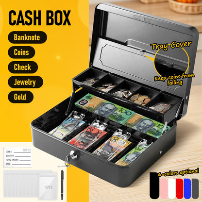 Metal Cash Box with Security Lock & 2 Keys, 4 Bill & 5 Coin Tray with Coin Retainer Cover, Large Lockable Money Box for Small Business, Office, Home, Fundraising & Events