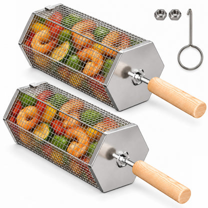 2Pcs Rolling Grill Basket with Removable Handle, 304 Stainless Steel BBQ Grilling Basket for Vegetables, Fish, Shrimp & Meat
