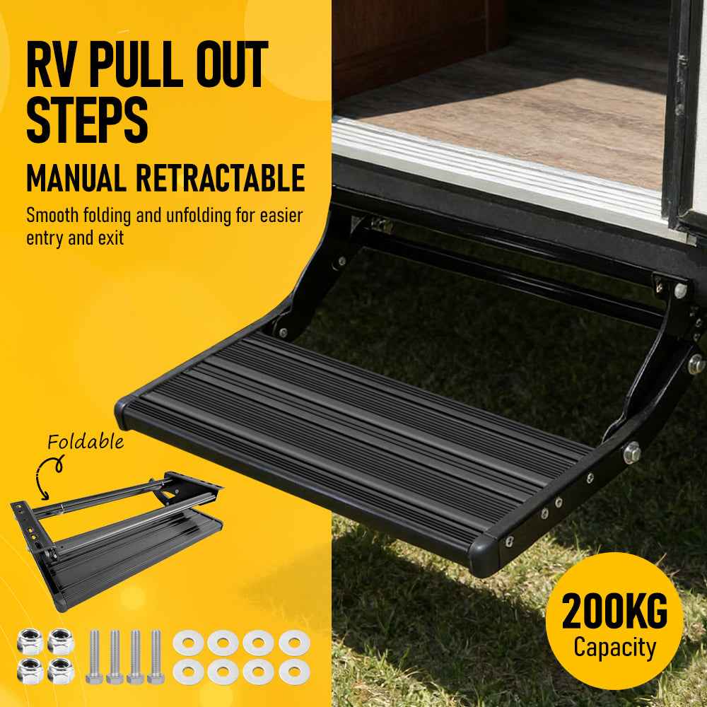 Heavy Duty Aluminium Caravan Step, Portable Folding Single RV Step with Anti-Slip Surface, Pull Out Camper Trailer & Motorhome Step Stool