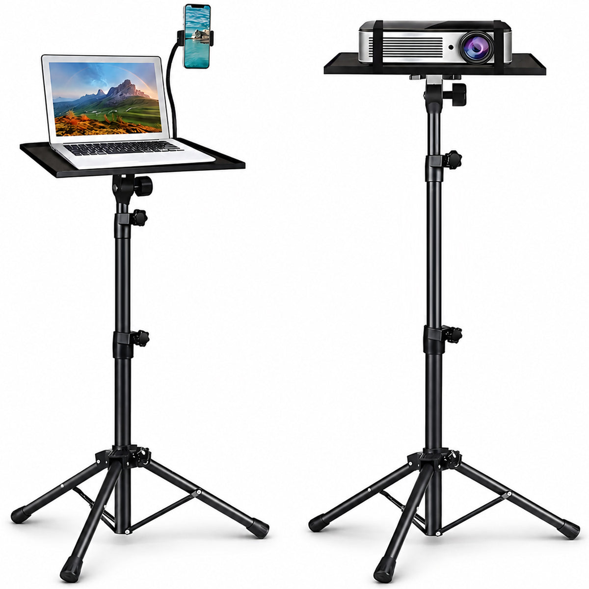 Adjustable Projector Stand with 360° Phone Holder, 57–125cm Folding Tripod Floor Stand for Laptop, Tablet & Projector