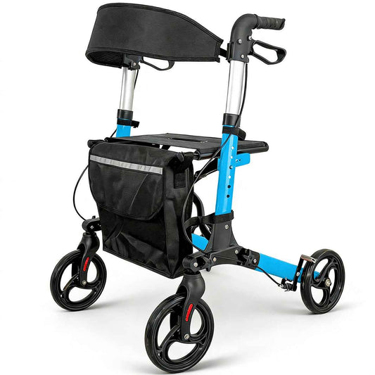 Aluminium Rollator Walker for Elderly with Seat & Reflective Strip, 4 Wheel Foldable Mobility Hight Adjustable with Storage Bag and Brakes Mobility Scooter