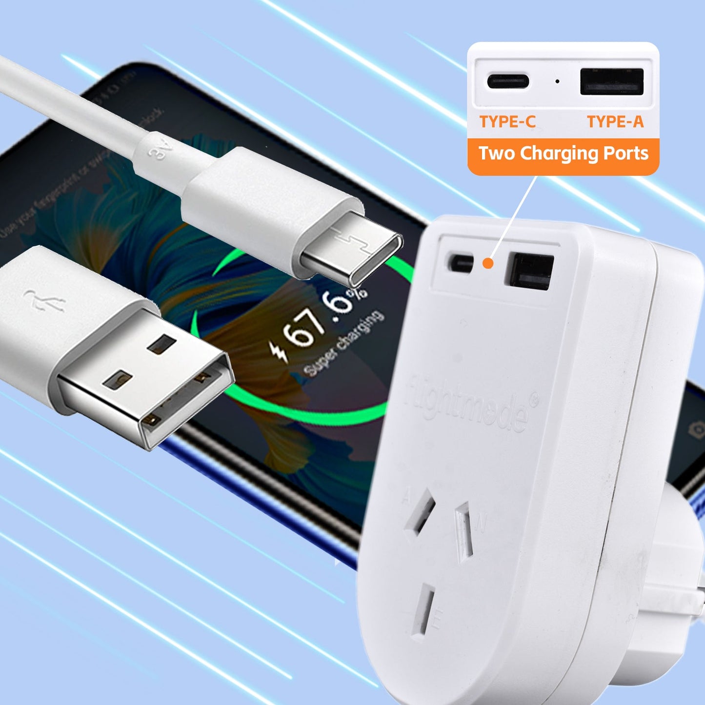 Flightmode Outbound AU/NZ to UK/HONG KONG Travel Adaptor with USB Type C & A