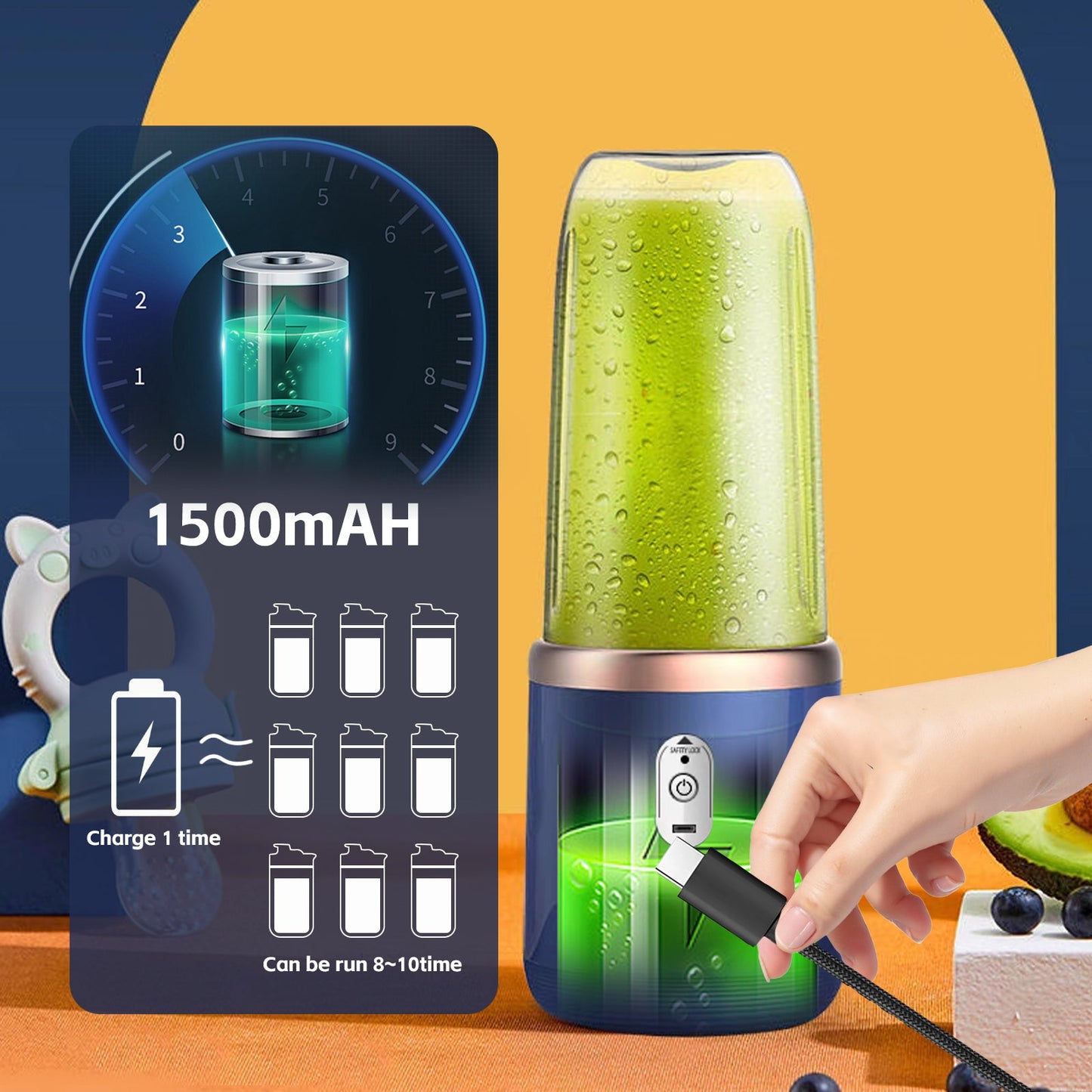 400ml USB-C Rechargeable Portable Juicer with Travel Lid – Personal Blender for Smoothies & Shakes