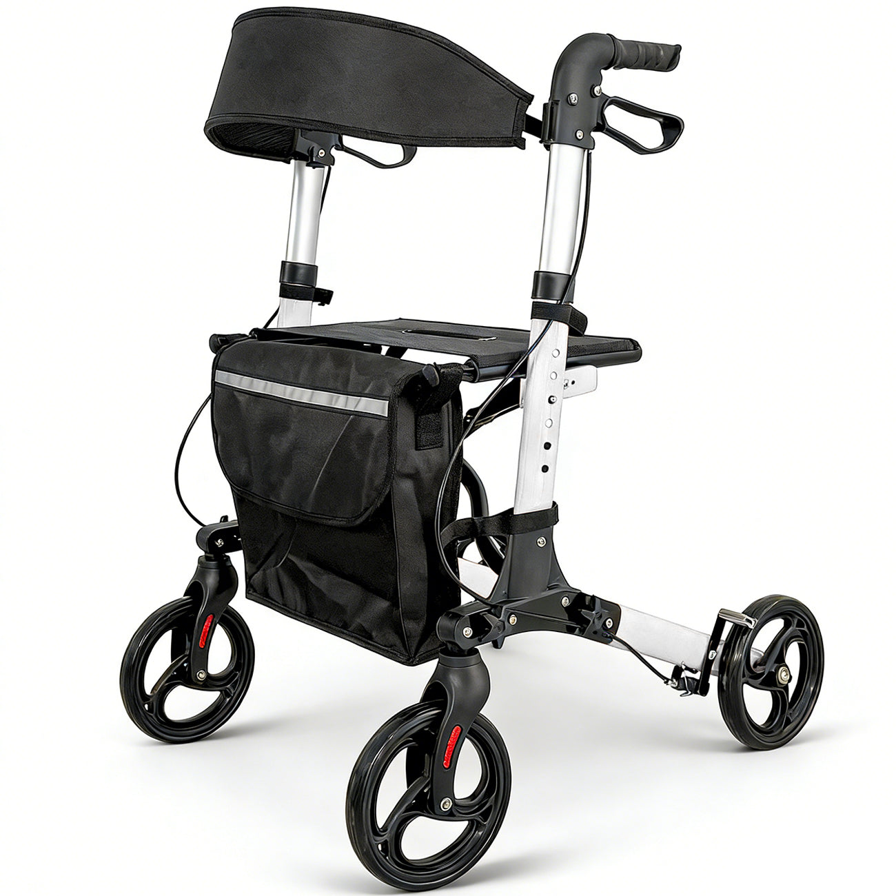 Aluminium Rollator Walker with Seat & Storage Bag | Foldable 4-Wheel Mobility Aid for Elderly | White