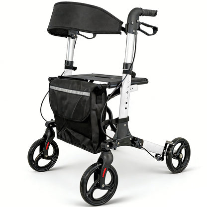 Aluminium Rollator Walker with Seat & Storage Bag | Foldable 4-Wheel Mobility Aid for Elderly | White