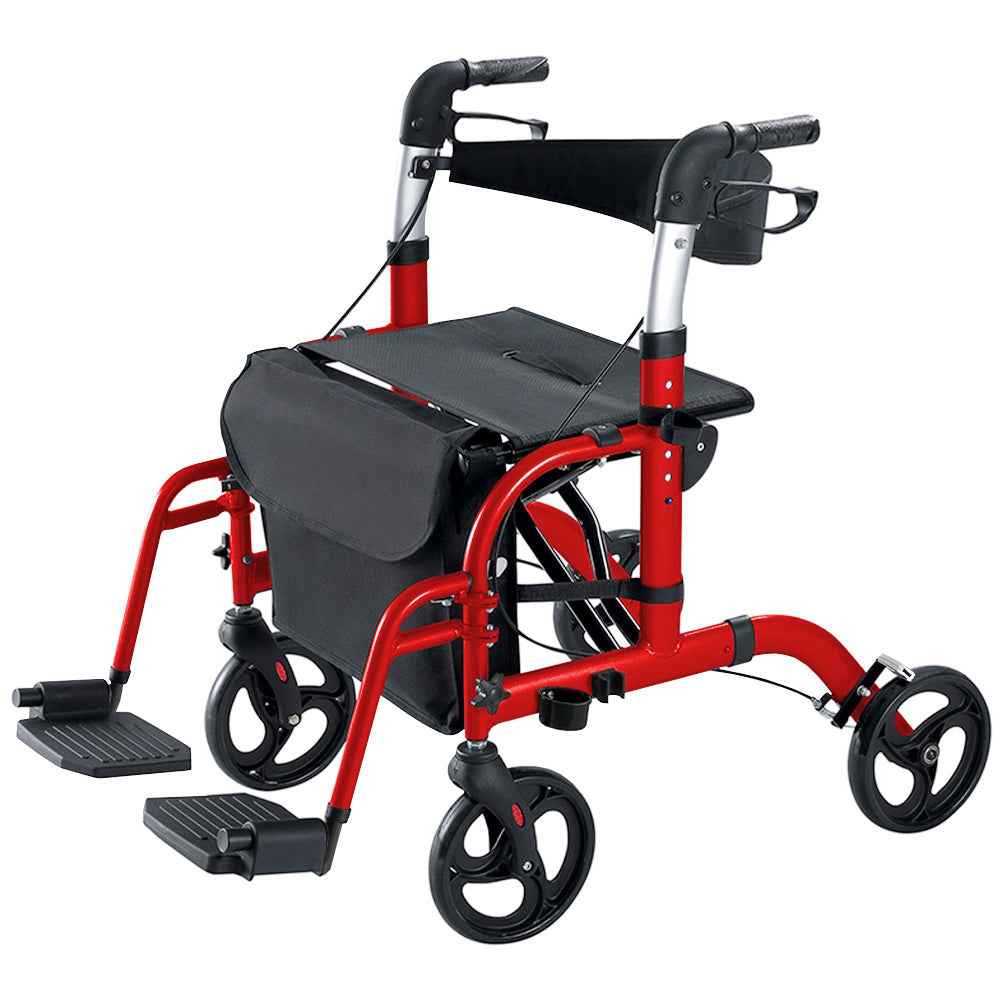 2-in-1 Rollator Walker & Transport Chair for Seniors, Foldable Lightweight Aluminum Mobility Walker with Footrests, Adjustable Handles, 8" All-Terrain Wheels, Removable Storage Bag, Supports Up to 300 lbs (136 kg)