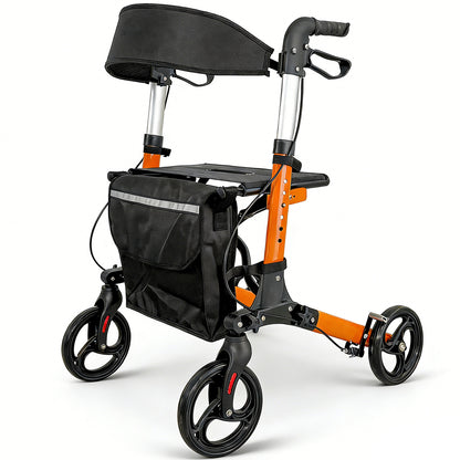 Aluminium Rollator Walker for Elderly with Seat & Reflective Strip, 4 Wheel Foldable Mobility Hight Adjustable with Storage Bag and Brakes Mobility Scooter