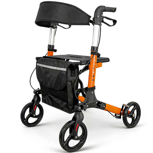 Aluminium Rollator Walker for Elderly with Seat & Reflective Strip, 4 Wheel Foldable Mobility Hight Adjustable with Storage Bag and Brakes Mobility Scooter