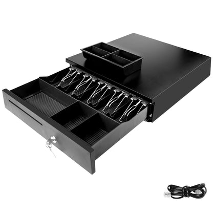 Heavy-Duty All-Metal Cash Drawer | 6 Coin Trays & 5 Note Trays | RJ-12 Interface | For Retail, Restaurant, Bar & Café | Black