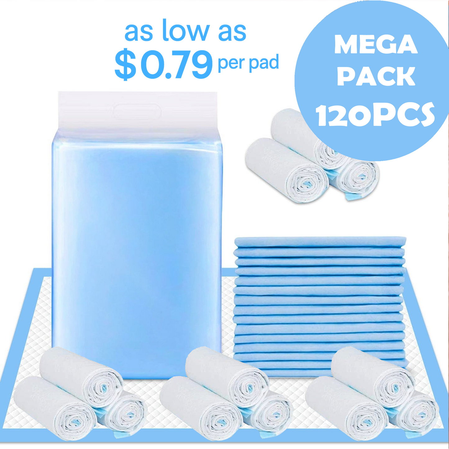 120 Pcs Adult Disposable Bed Underpads – 90 × 60 cm Ultra‑Absorbent Incontinence Pads with Waterproof Backing