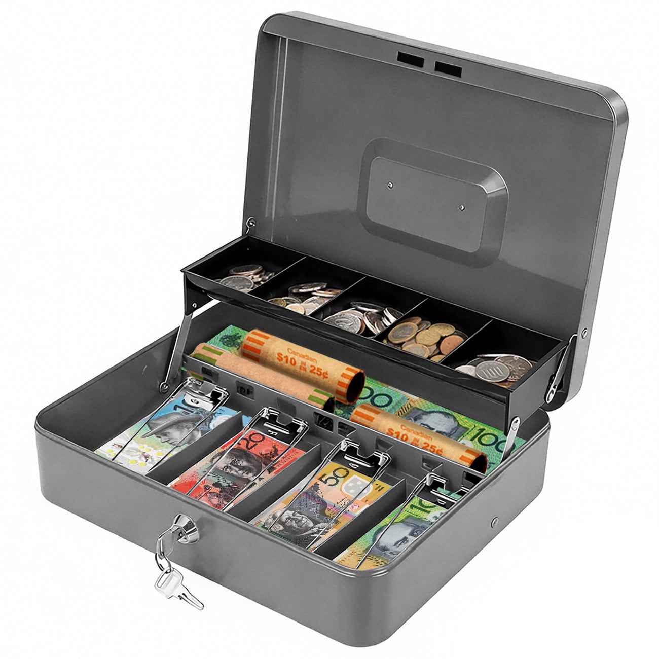 Metal Cash Box with Security Lock & 2 Keys - 4 Bill/5 Coin Tray Storage, Large Lockable Money Box for Small Business/Home