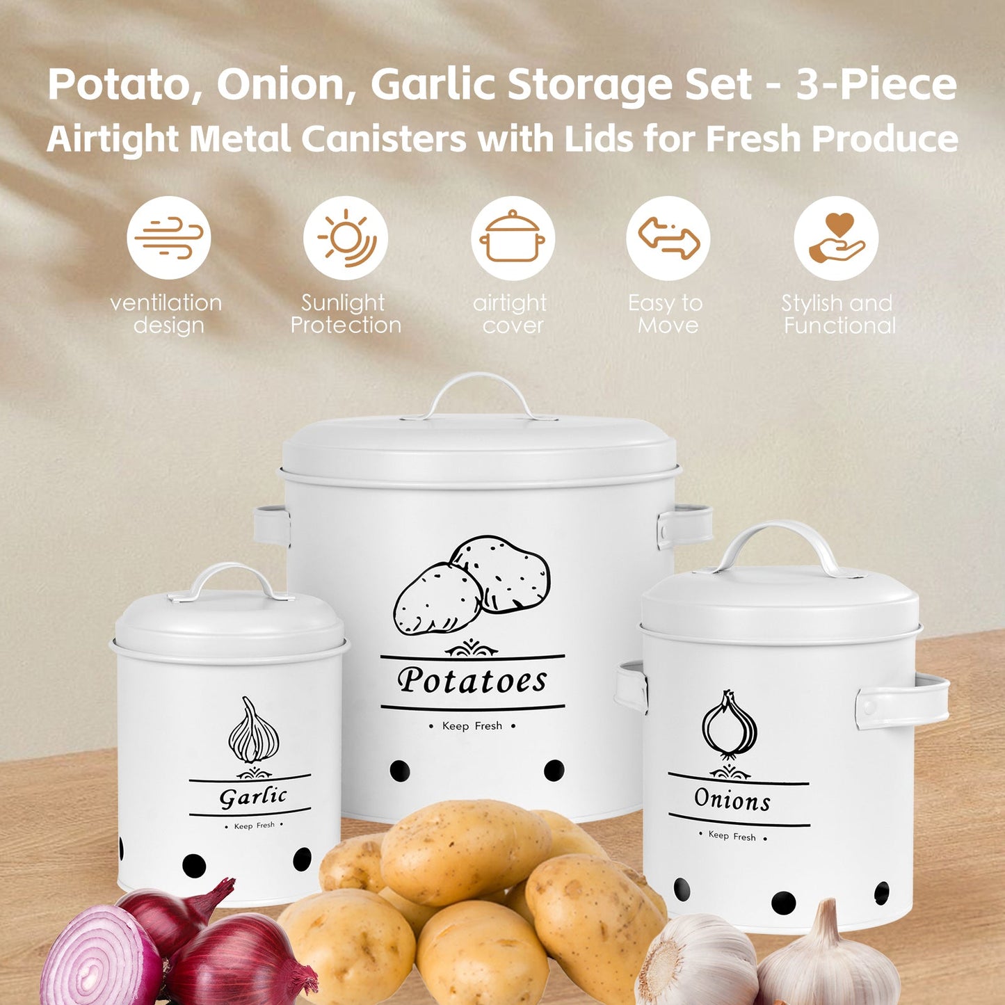 3 Pcs Galvanised Iron Fruit Vegetable Storage Tins