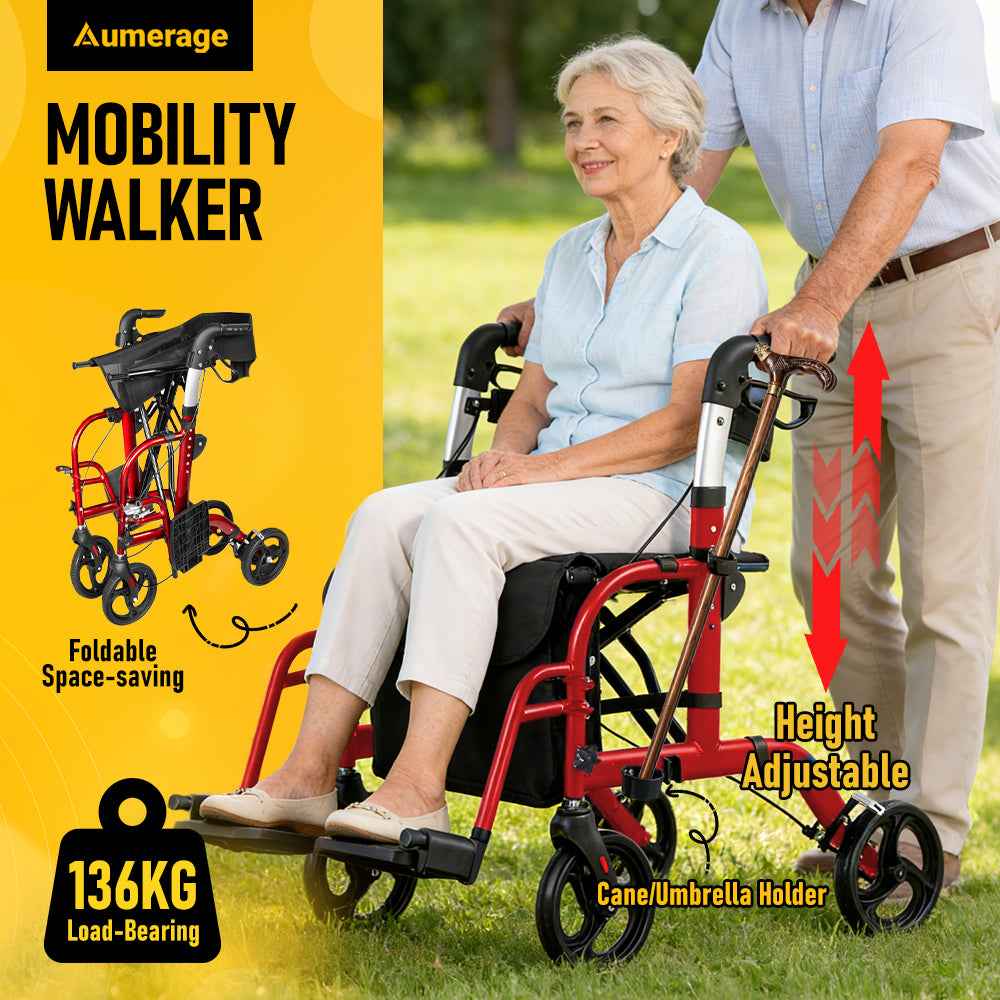 2-in-1 Rollator Walker & Transport Chair for Seniors, Foldable Lightweight Aluminum Mobility Walker with Footrests, Adjustable Handles, 8" All-Terrain Wheels, Removable Storage Bag, Supports Up to 300 lbs (136 kg)