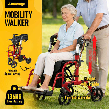 2-in-1 Rollator Walker & Transport Chair for Seniors, Foldable Lightweight Aluminum Mobility Walker with Footrests, Adjustable Handles, 8" All-Terrain Wheels, Removable Storage Bag, Supports Up to 300 lbs (136 kg)