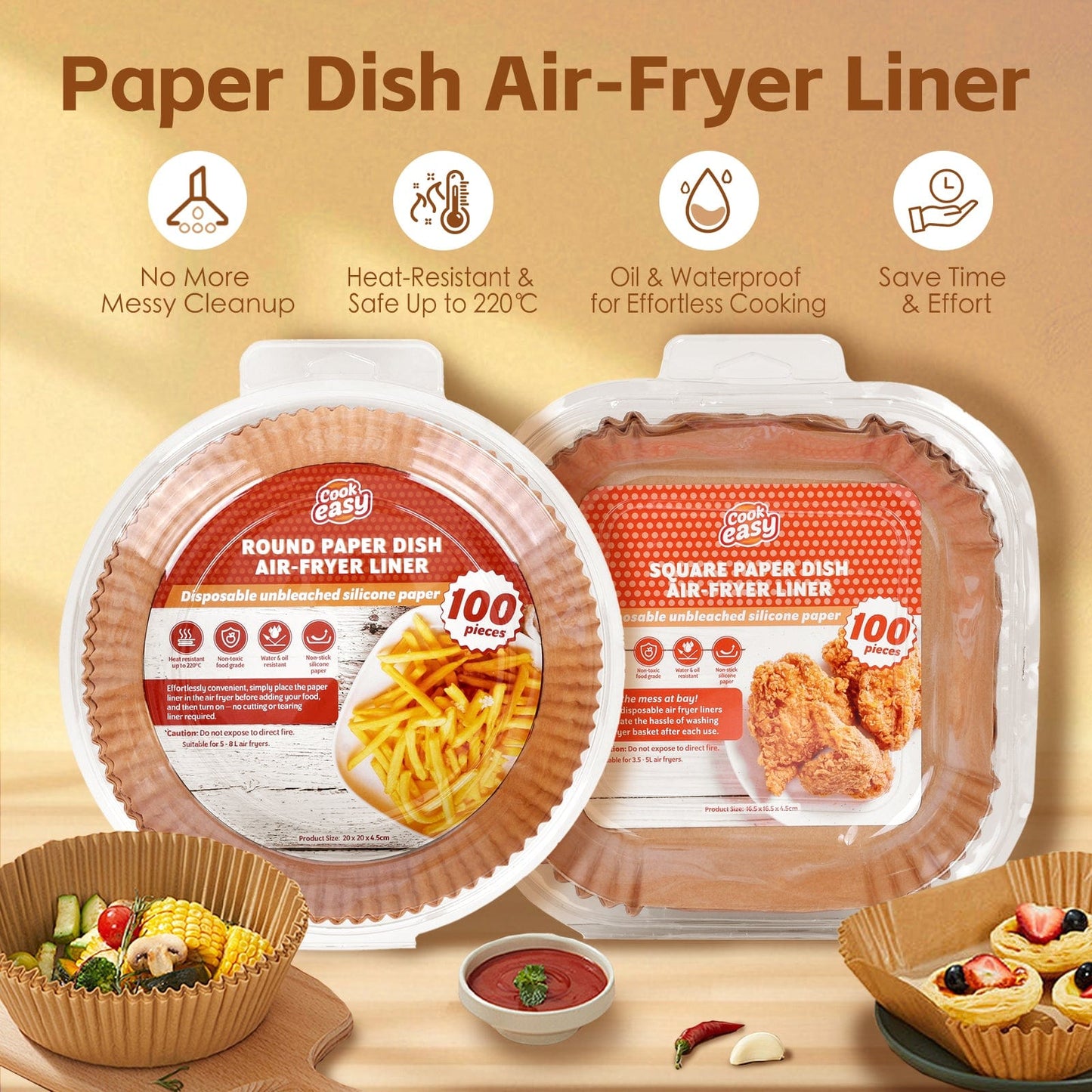 200 Pcs Disposable Unbleached Silicone Paper Dish Air-fryer Liner (100 small round + 100 small square))